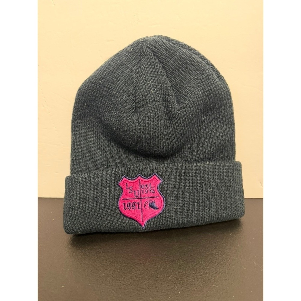 LSU 1991 Embroidered Shield Crest Cuffed Beanie Hat Navy Blue Pink Logo